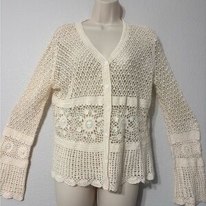 NorthStyle Cream Crochet Open Knit Coastal Boho Cardigan Scalloped Edges Beaded